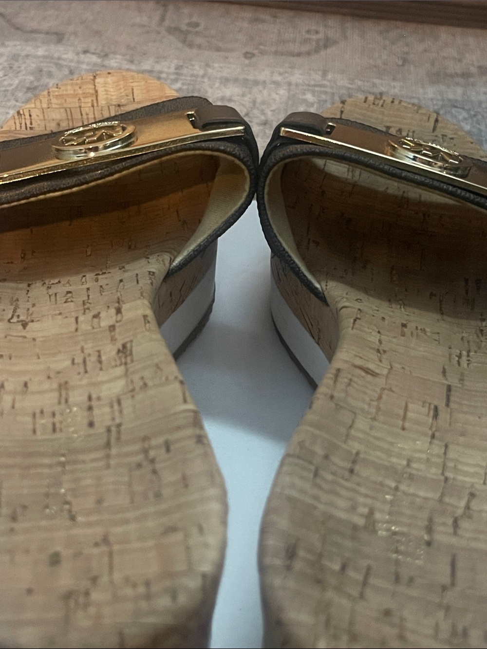 Michael Kors Brown Monogram Cork Wedge Slide Sandals with Gold Logo - Picture 8 of 12